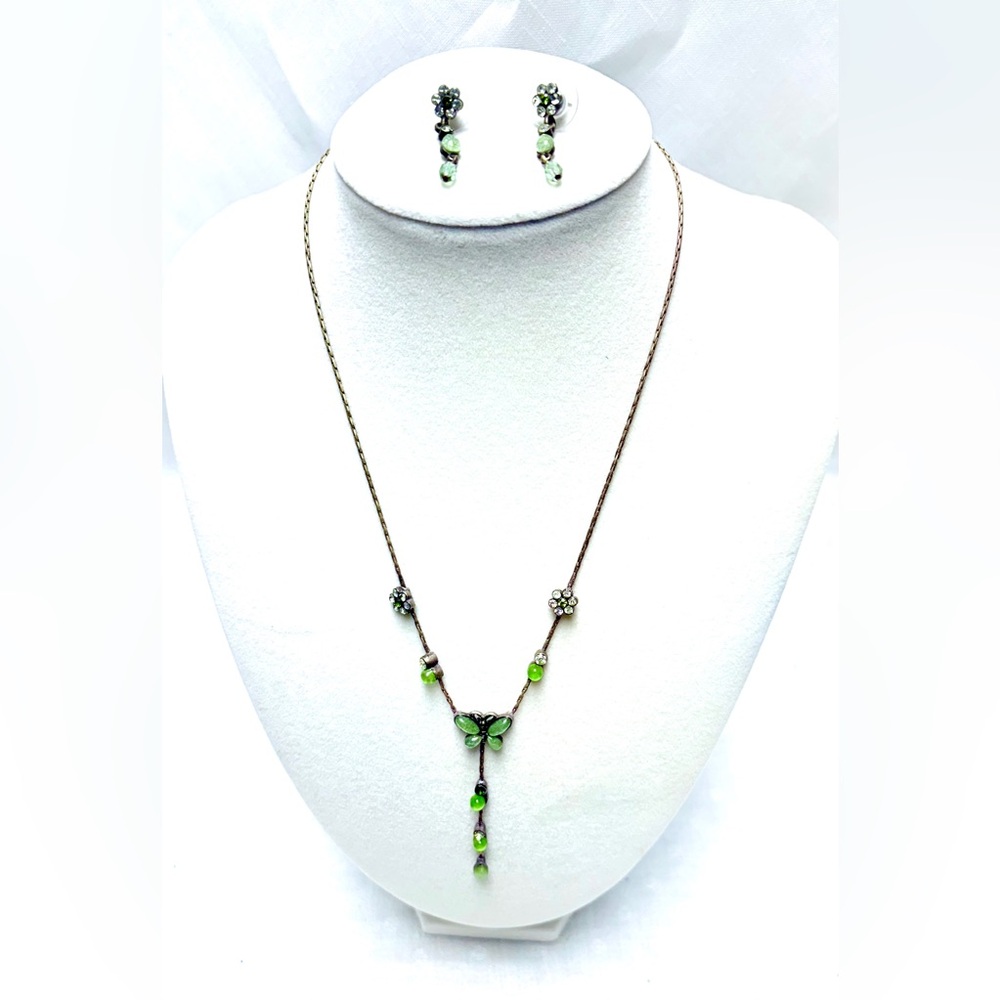 Women Antique Necklace & Earrings Set Yellow Rhinestones Green Butterfly Crystal